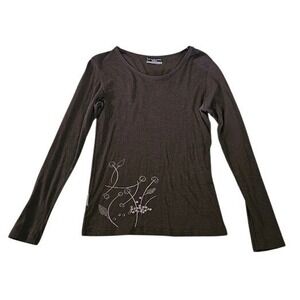 Icebreaker Skin 200 Shirt Women Large Brown Merino Wool Long Sleeve Top Floral